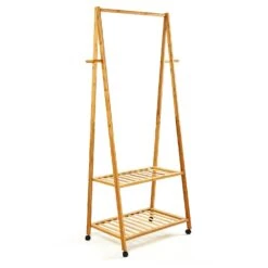 Garderobe Kleiderständer 4 Rollen 2 Ablagen 60x162x42,5 Cm 100% Bambus