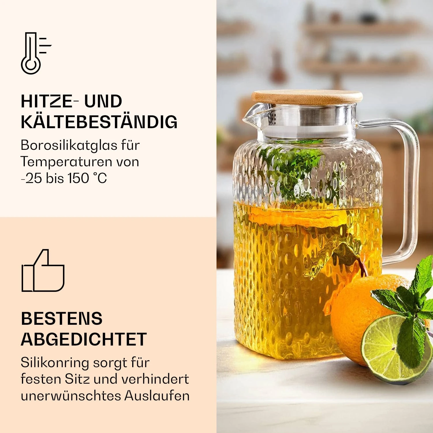 Karaffe Borosilikatglas Bambusdeckel Filteraufsatz Silikonring 4 Karaffe Borosilikatglas Bambusdeckel Filteraufsatz Silikonring – Bild 4